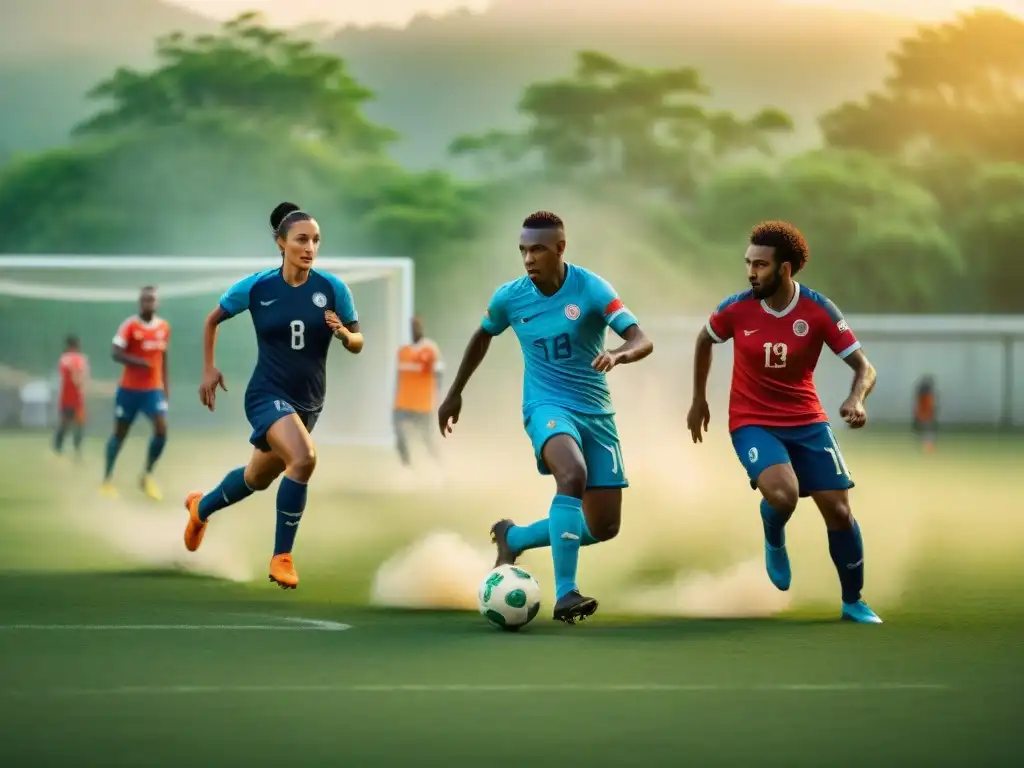 Una escena vibrante de comunidad y unidad en un campo de fútbol, donde diversas culturas juegan apasionadamente