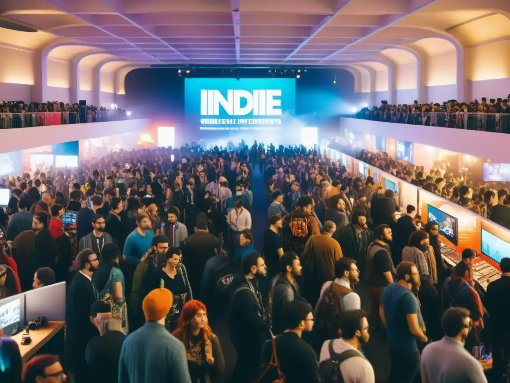 Escena vibrante de convención de juegos indie con diversidad de asistentes, artistas y gamers, mostrando la relación entre juegos indie y cultura