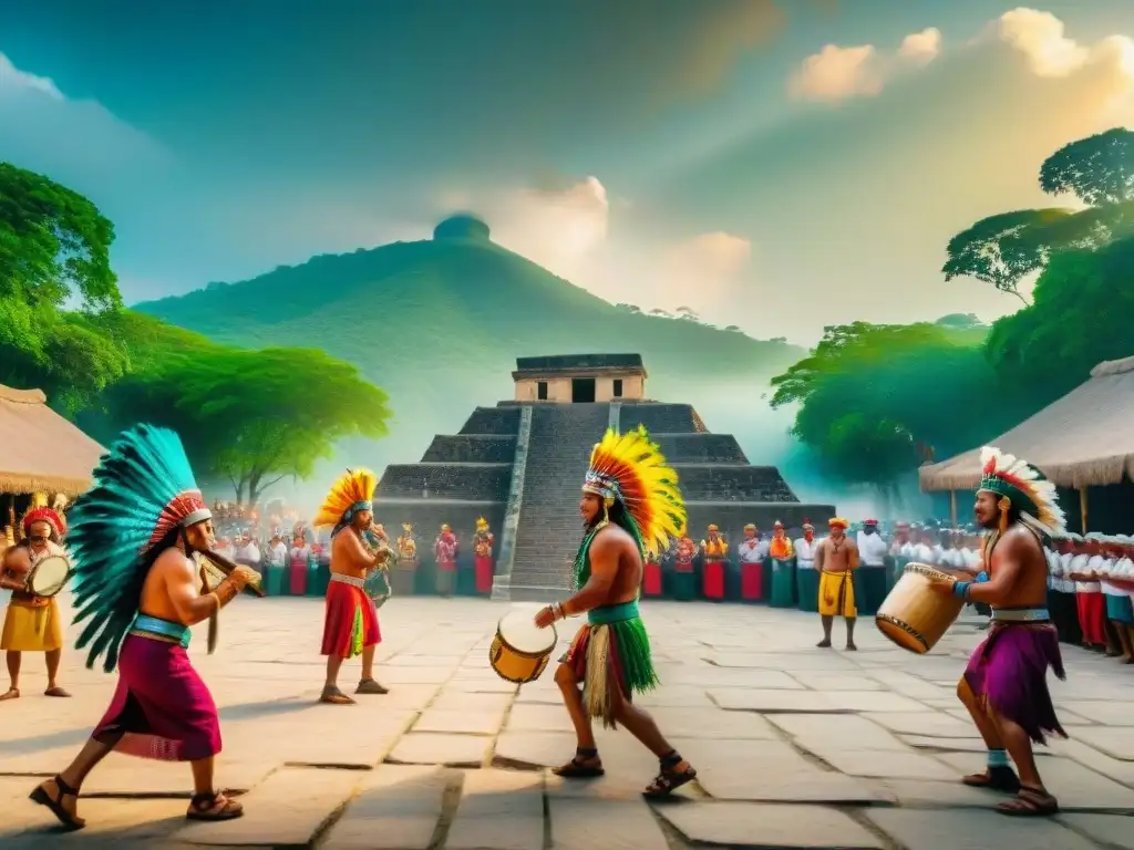 Escena vibrante de juegos indígenas culturales América en un mercado mesoamericano bullicioso