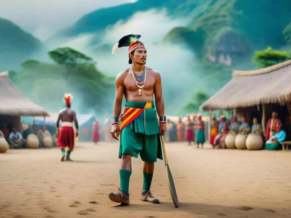 Escena vibrante de deportes autóctonos en diferentes culturas en un mercado remoto rodeado de montañas brumosas y naturaleza exuberante