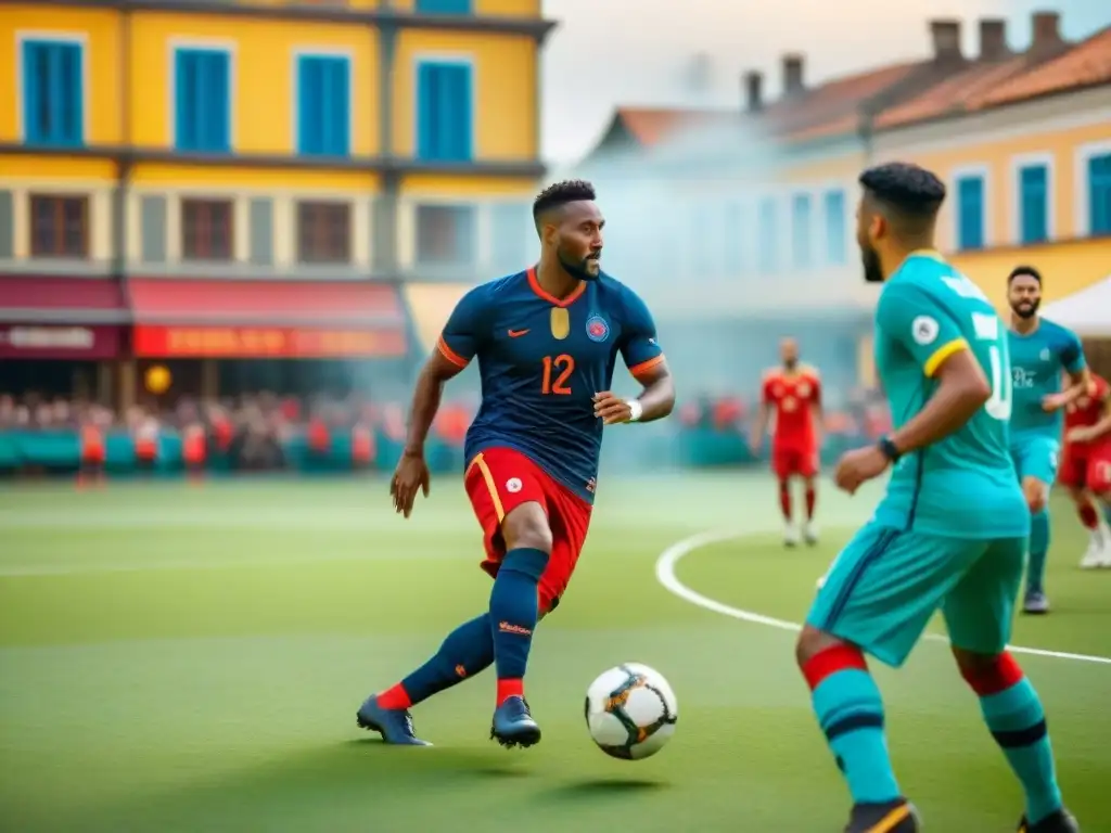 Una escena vibrante de diversidad cultural: gente de distintos trasfondos jugando fútbol en la plaza central