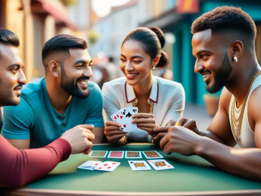 Una escena vibrante de diversidad cultural en una plaza de ciudad, jugando cartas