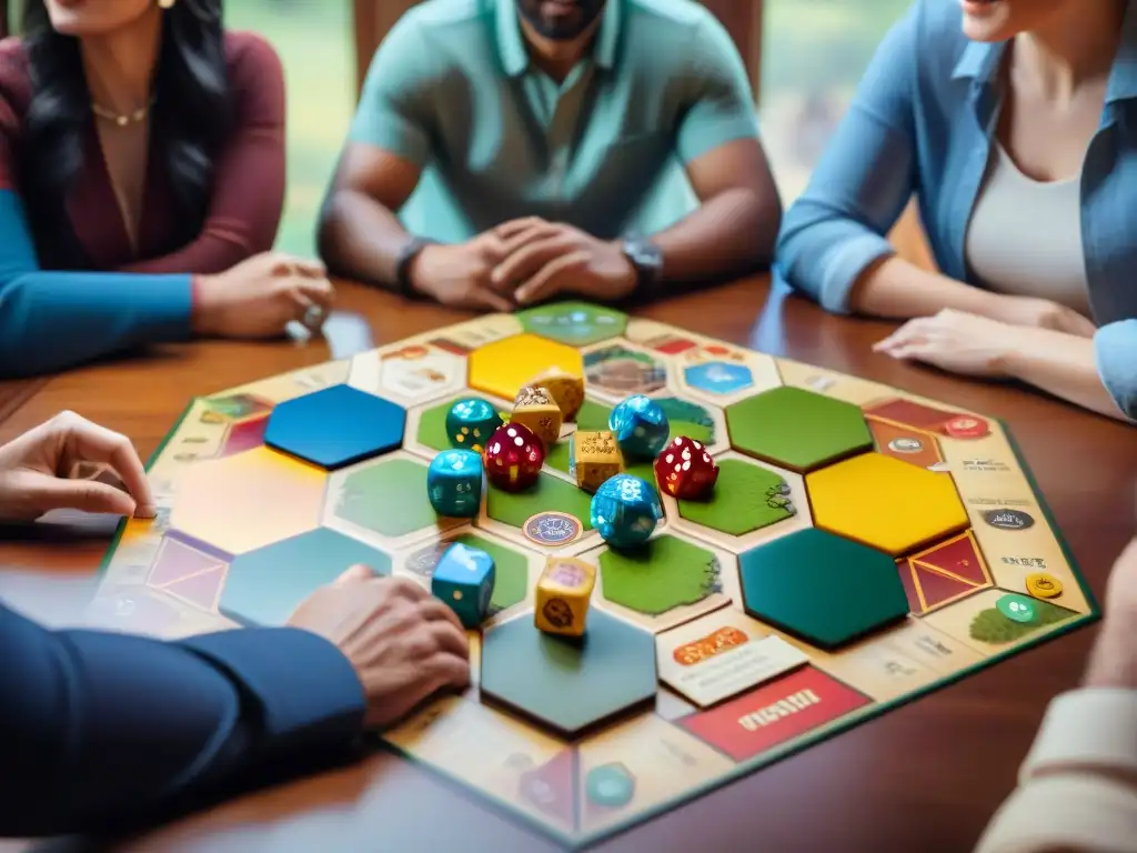 Una escena vibrante de diversidad: personas disfrutando intensamente del juego Settlers of Catan