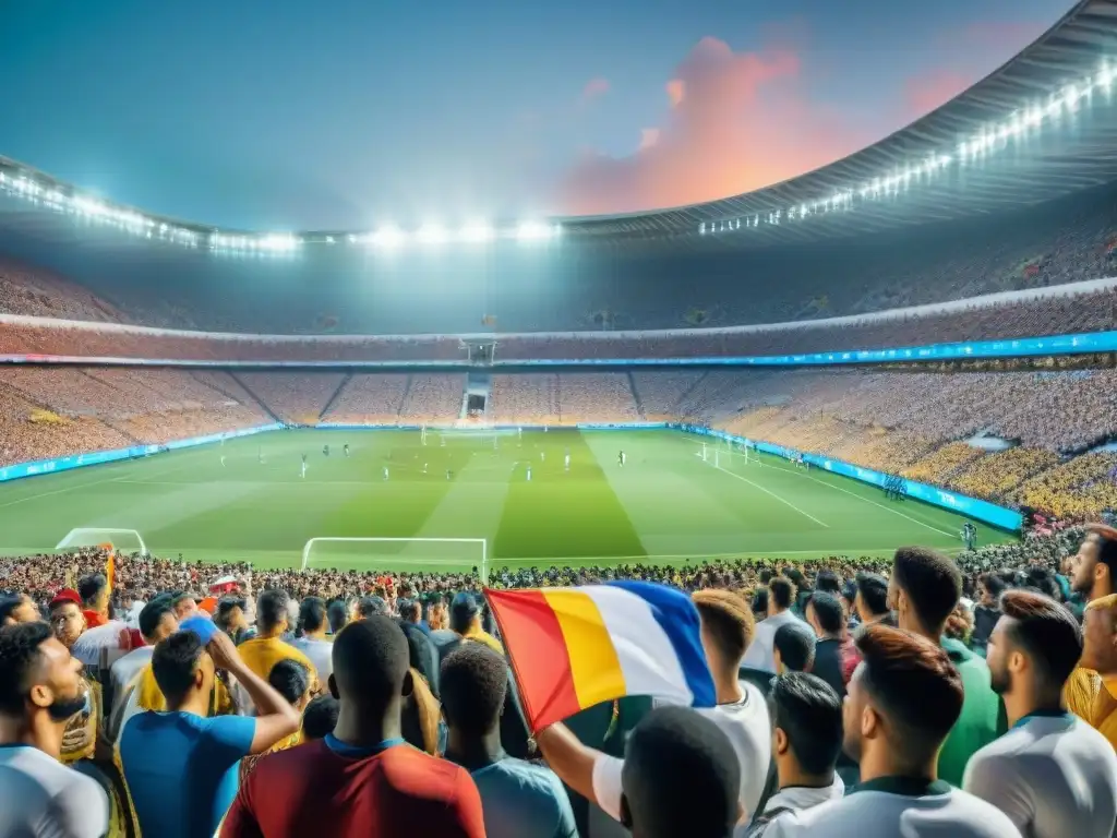 Una escena vibrante en un estadio de fútbol lleno durante un partido crucial, capturando la pasión de los aficionados y la destreza de los jugadores