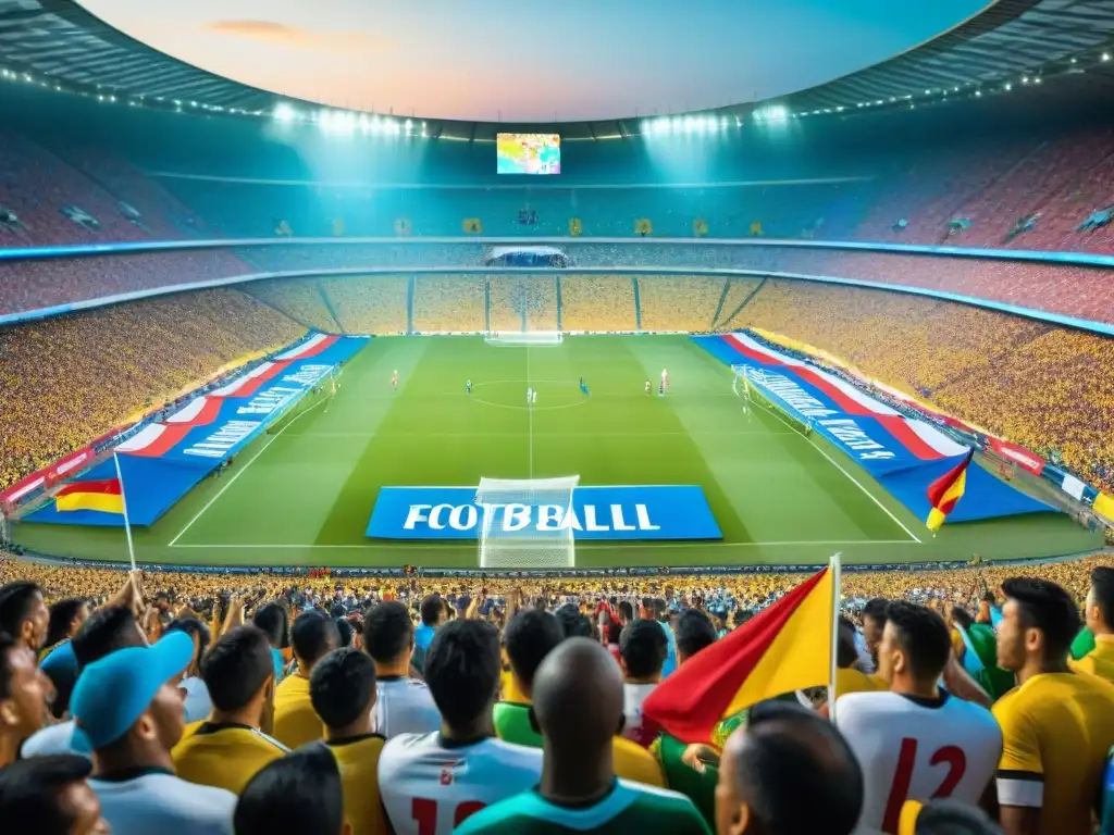 Escena vibrante de estadio de fútbol en América Latina con fans apasionados y jugadores en emocionante partido