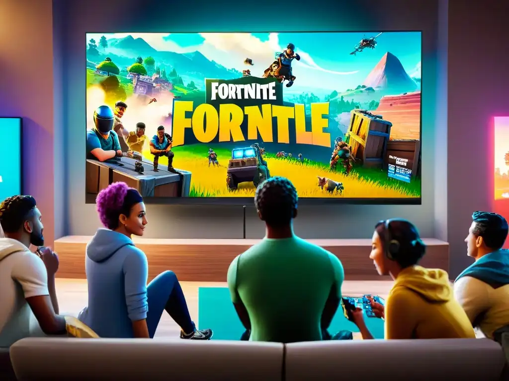 Una escena vibrante de éxito social y cultural con personas de diferentes edades y fondos jugando Fortnite juntos