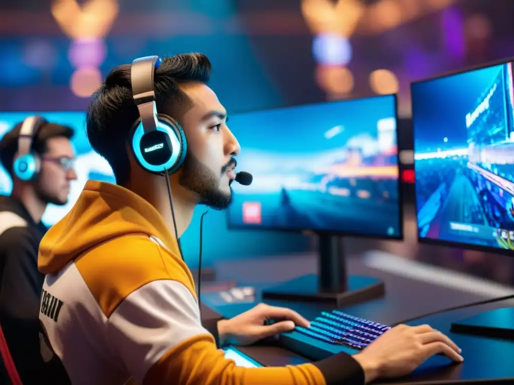 Una escena vibrante de gamers de distintas culturas concentrados en un torneo de eSports