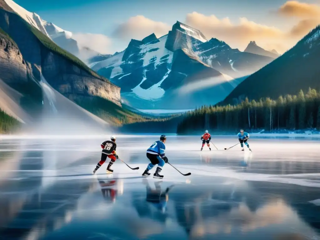 Escena vibrante de indígenas jugando hockey sobre hielo en un lago congelado en Canadá