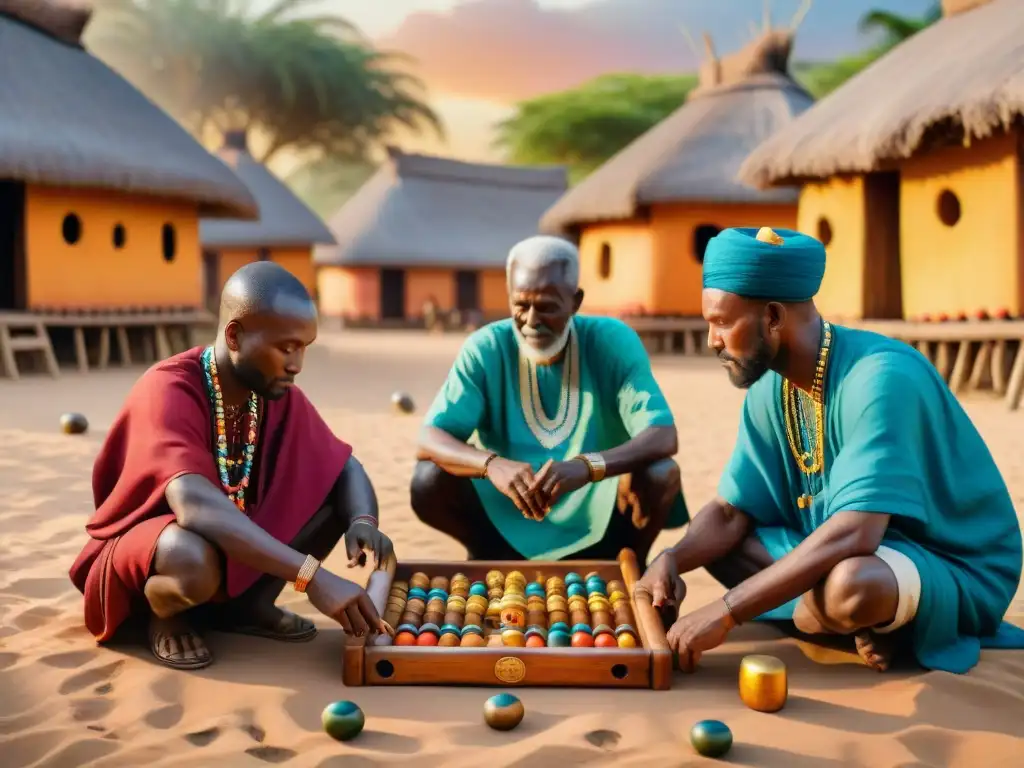 Una escena vibrante de un juego tradicional Mancala africano en un antiguo pueblo, con ancianos y niños disfrutando bajo la cálida luz del atardecer