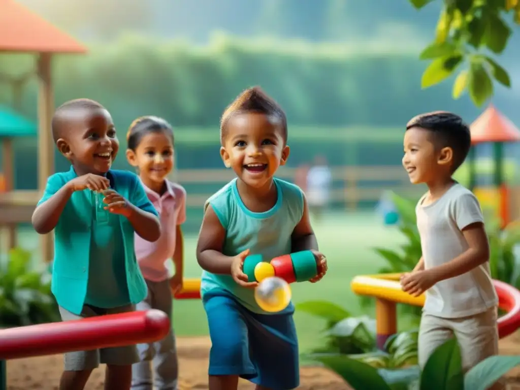 Una escena vibrante de juegos educativos para el desarrollo, donde niños de diversas culturas juegan felices al aire libre con su maestra sonriente