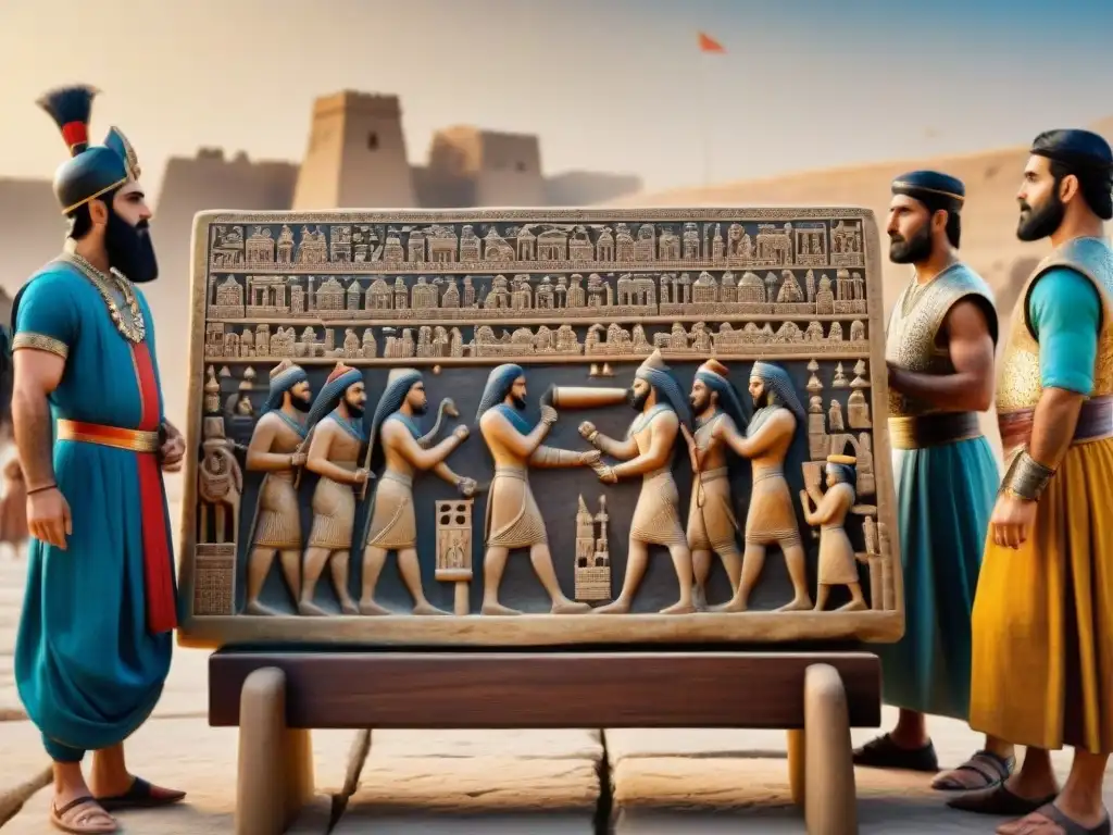 Una escena vibrante de Juegos de estrategia en culturas antiguas, con personas en Mesopotamia jugando el Juego Real de Ur