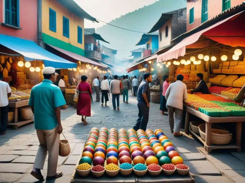 Escena vibrante de juegos tradicionales en mercado emergente, niños y adultos disfrutando de la tradición y la cultura