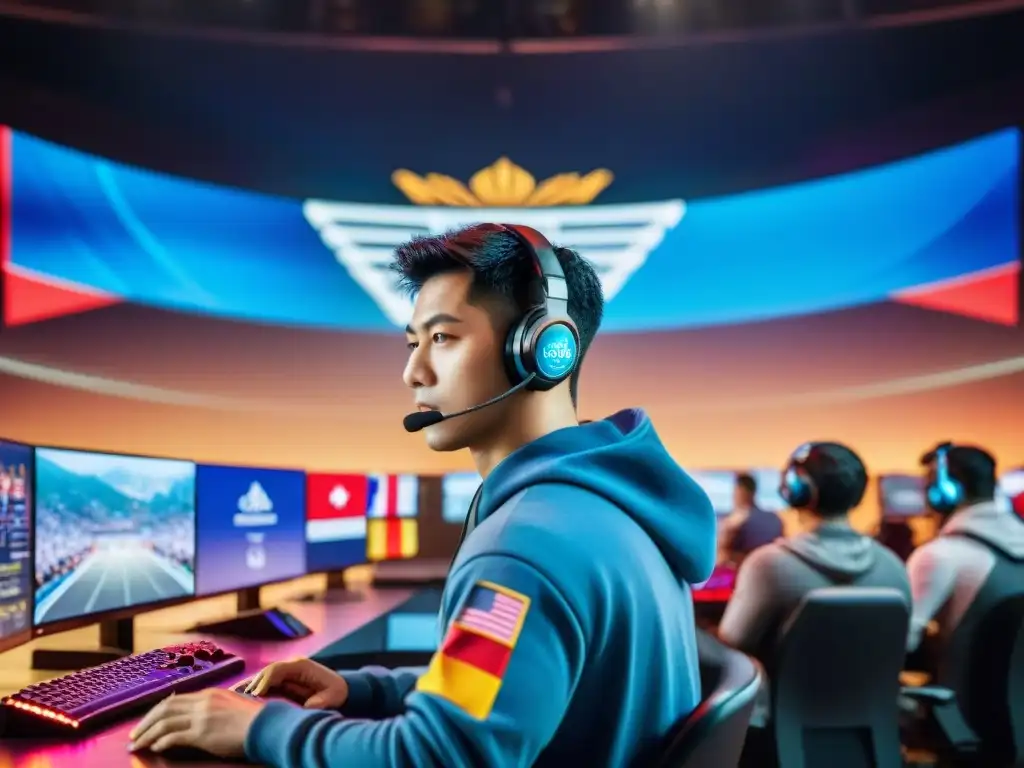 Una escena vibrante de jugadores de diversas culturas concentrados en una competencia global de eSports, rodeados de banderas de diferentes países