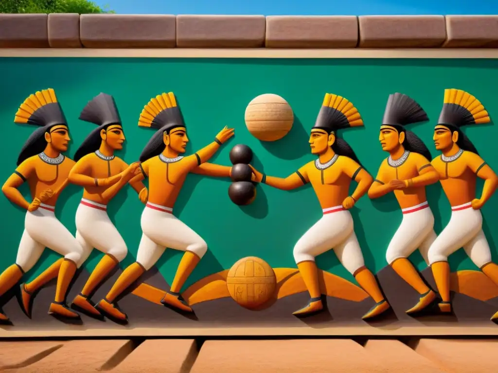 Escena vibrante de jugadores de juego de pelota mesoamericano en un mural de piedra tallada, con vestimenta ritual y gran detalle