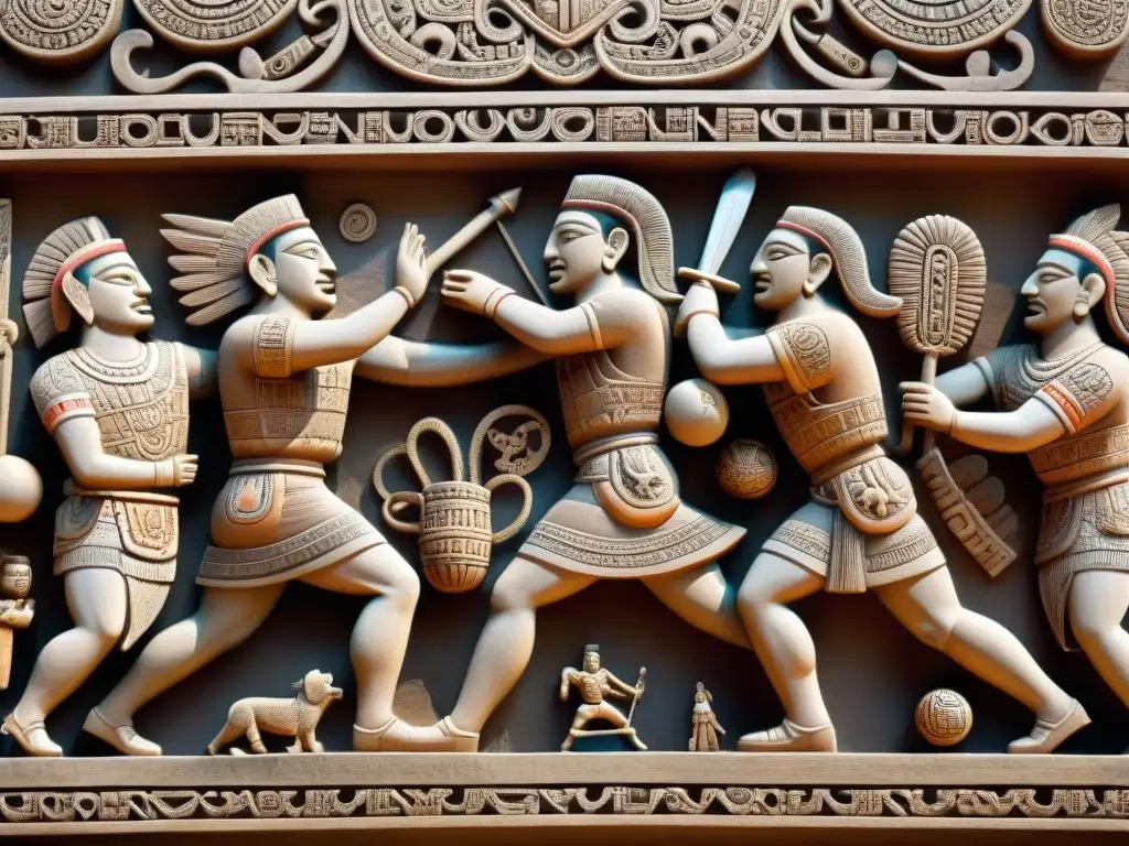 Escena vibrante de jugadores en un juego de pelota mesoamericano ritual, capturando la intensidad y la historia cultural