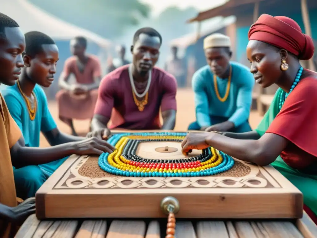 Escena vibrante en mercado africano con juego tradicional Ayoayo África Occidental