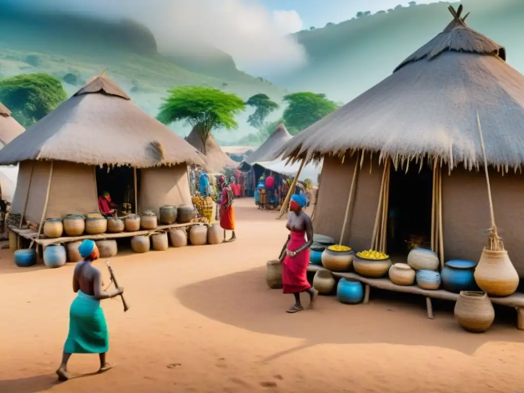 Escena vibrante de mercado en aldea africana, gente tribal viste coloridos atuendos, interactúan y venden productos