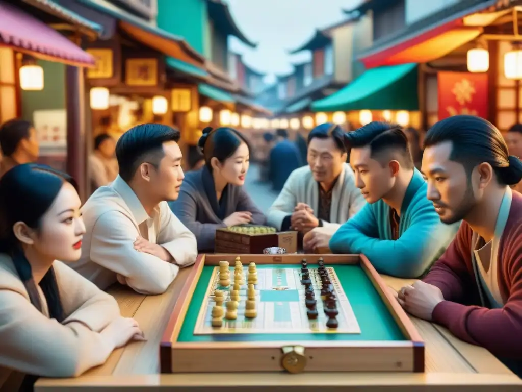 Una escena vibrante en un mercado asiático donde gente de distintas culturas juega juegos de tablero tradicionales, uniendo mundos