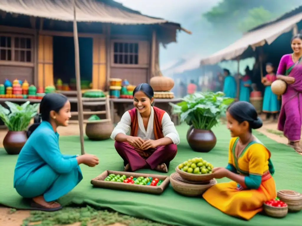 Escena vibrante de mercado con juegos tradicionales sostenibles de culturas del mundo