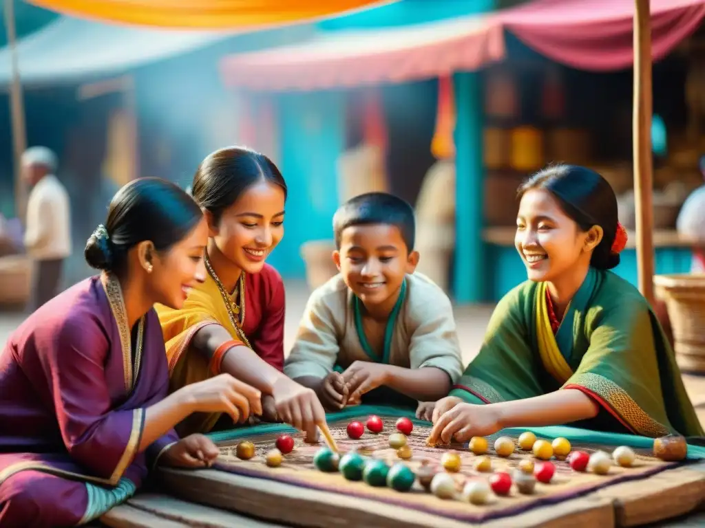 Una escena vibrante en un mercado donde niños de diversas culturas juegan animadamente juegos tradicionales