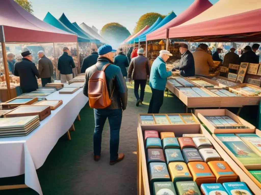 Escena vibrante en un mercado de pulgas soleado, colección de piezas raras juegos deportes, coleccionistas entusiastas