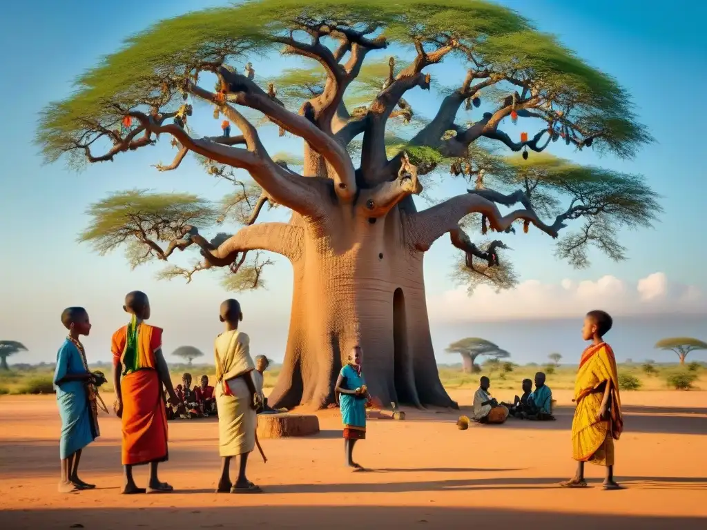 Una escena vibrante de niños africanos jugando bajo un baobab, preservando tradiciones y lenguas africanas