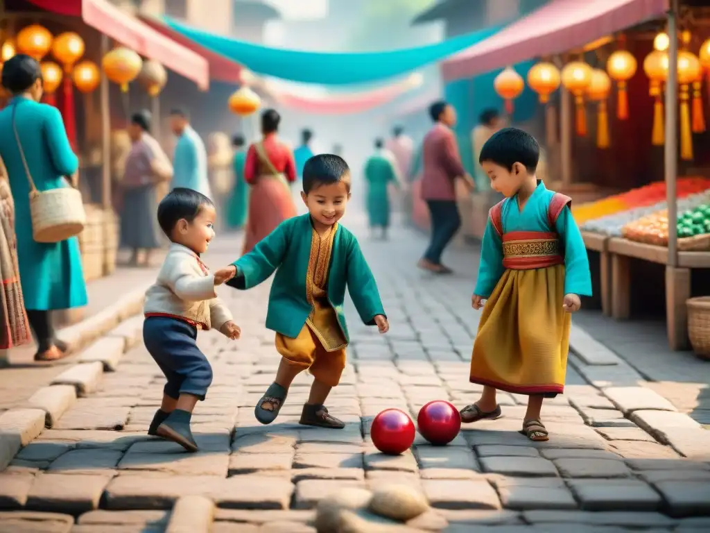 Una escena vibrante de niños de diversas culturas jugando juntos en un animado mercado