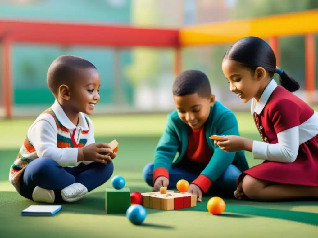 Una escena vibrante de niños de diversas culturas jugando juegos tradicionales en el patio escolar