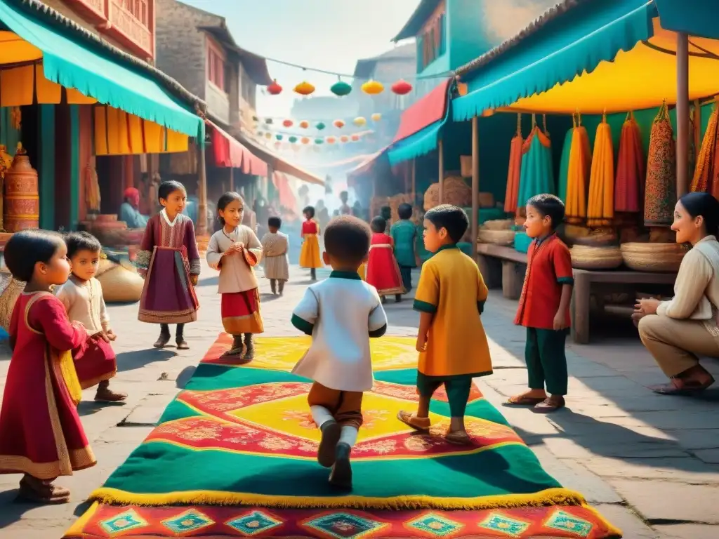 Una escena vibrante de niños de diferentes culturas disfrutando de juegos tradicionales en un bullicioso mercado