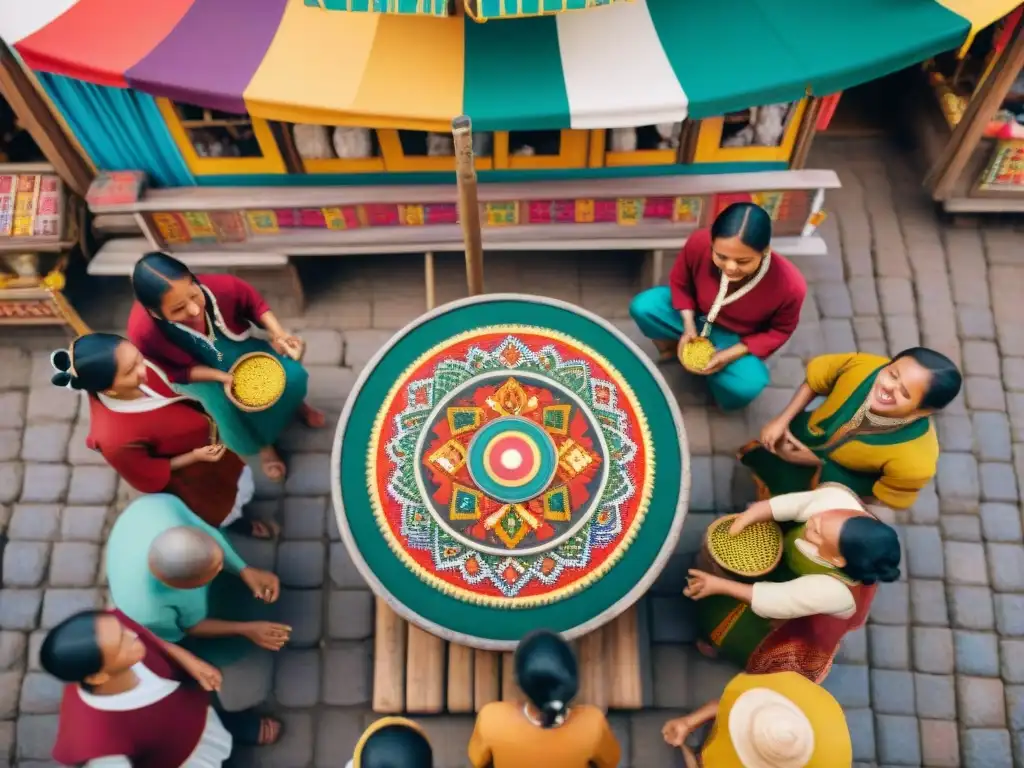 Una escena vibrante de niños indígenas de diferentes culturas jugando juegos tradicionales en un mercado, mostrando la riqueza cultural y la alegría