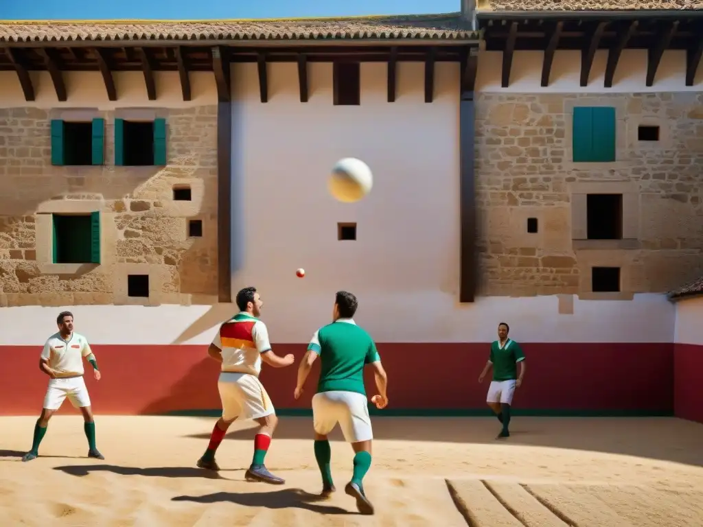 Una escena vibrante de pelota vasca en un frontón tradicional en el País Vasco, resaltando la arquitectura única y el juego intenso