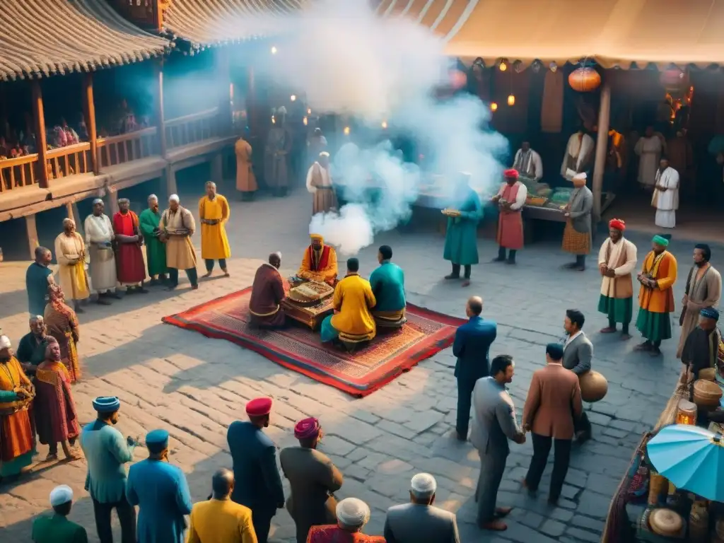 Una escena vibrante de juegos tradicionales de diferentes culturas en una plaza bulliciosa, con detalles coloridos y expresiones concentradas