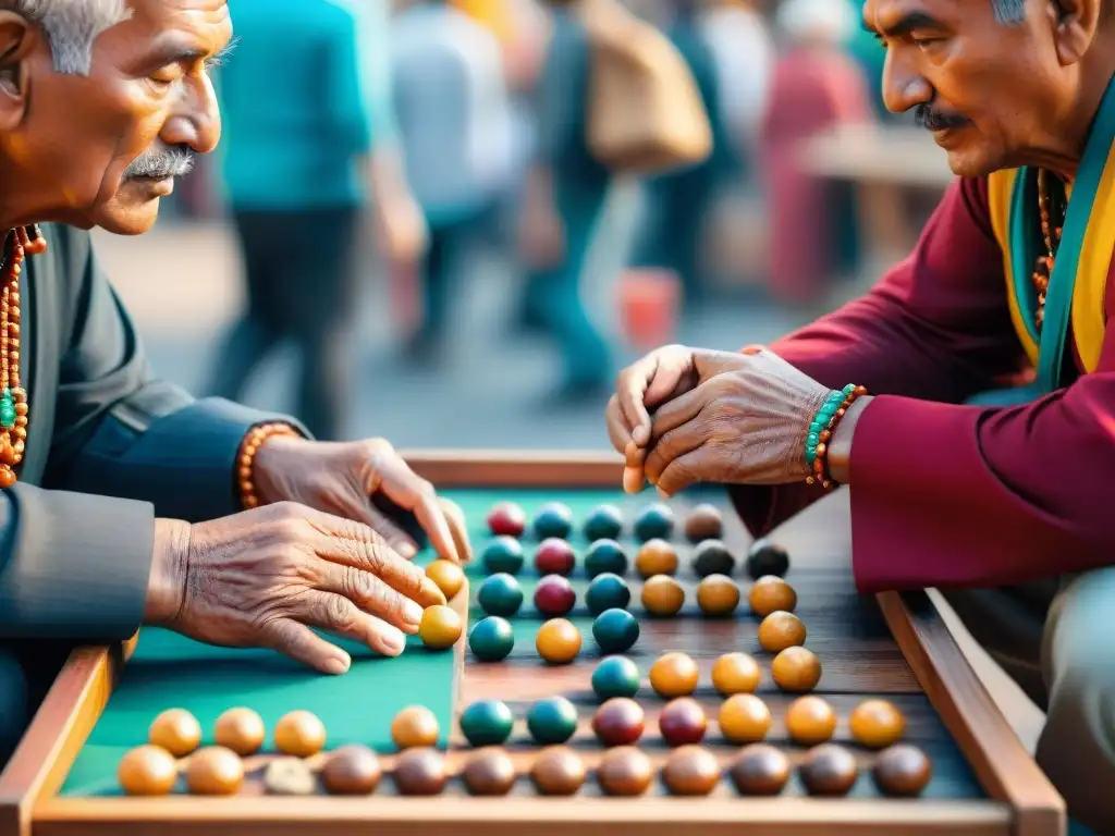 Una escena vibrante de Juegos tradicionales de diferentes culturas: dos ancianos juegan Mancala en un mercado bullicioso