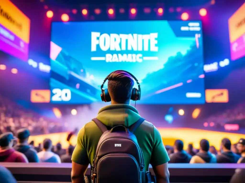 Escenario de eSports en Fortnite: jugadores concentrados, espectadores animados y banners del juego crean una escena inmersiva