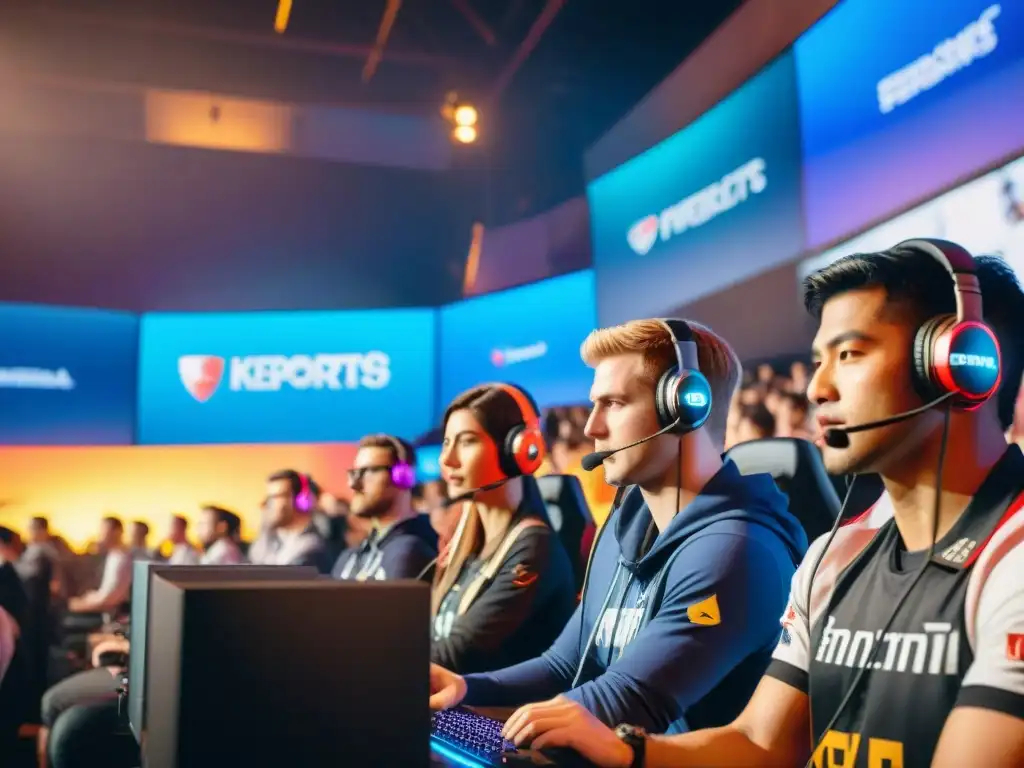 Un escenario de esports lleno de diversidad, con jugadores enfocados en sus pantallas y comunicándose con auriculares