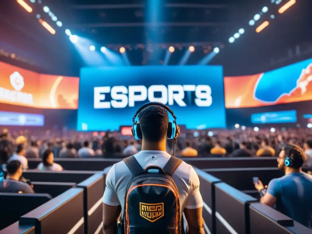 Escenario de eSports vibrante con luces neón y fans animados