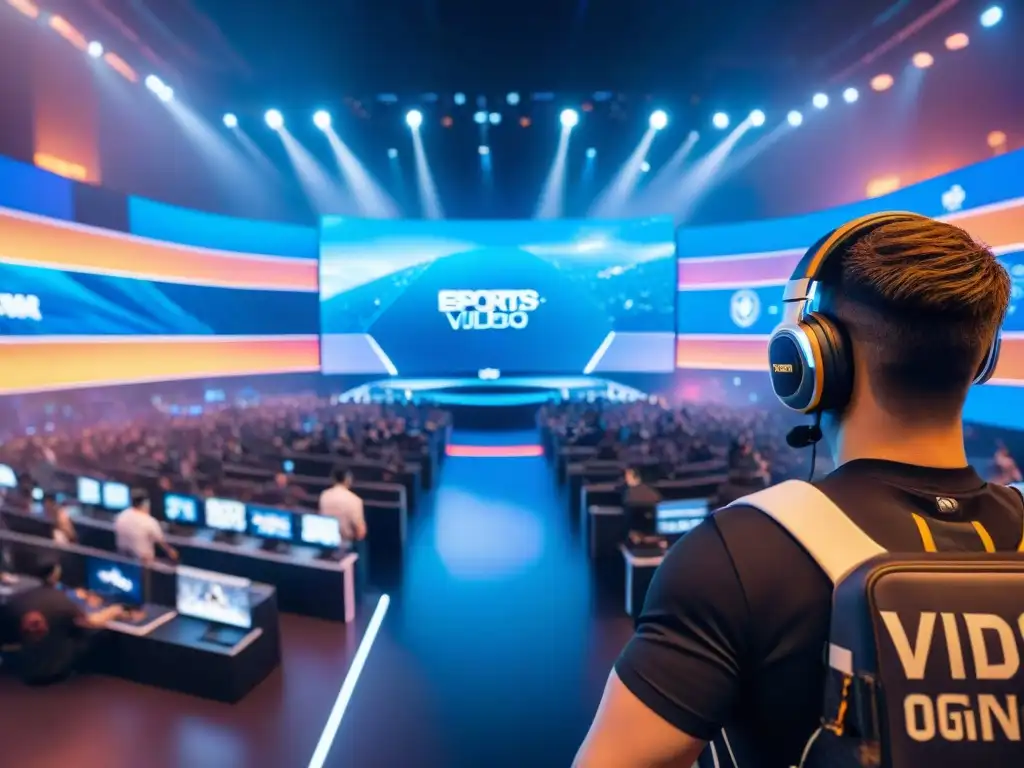 Escenario futurista de esports con tecnología avanzada y entusiastas fans