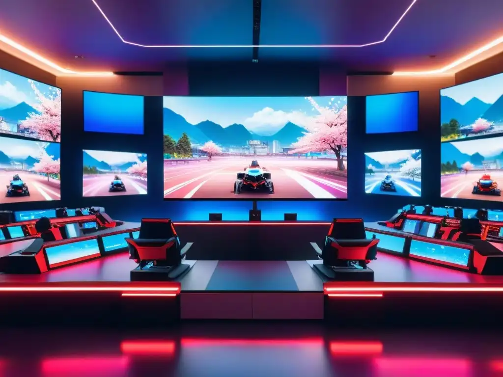 Escenario futurista de eSports en Tokio, Japón, fusionando tecnología y tradición japonesa