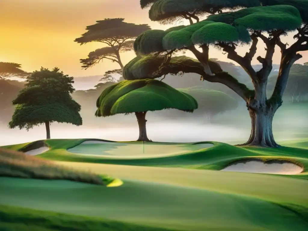 Un escenario histórico de un campo de golf en América Latina, fusionando tradición y modernidad bajo un cielo vibrante al atardecer