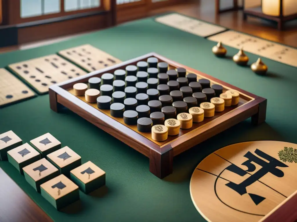 Un escenario japonés de Shogi en un entorno sereno con elementos culturales, para comparación juegos estrategia orientales