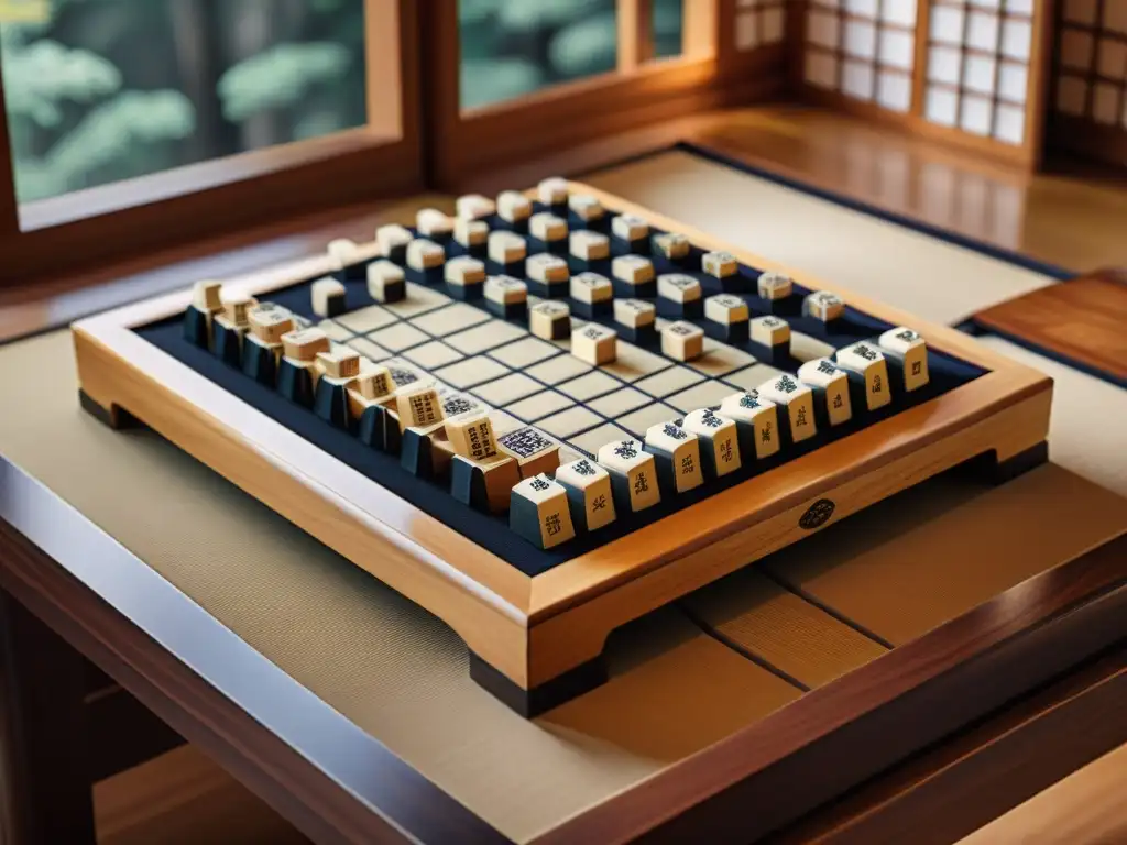 Escenario mágico de estrategias Shogi japonés en mesa de madera tallada, piezas meticulosamente colocadas junto a ventana shoji