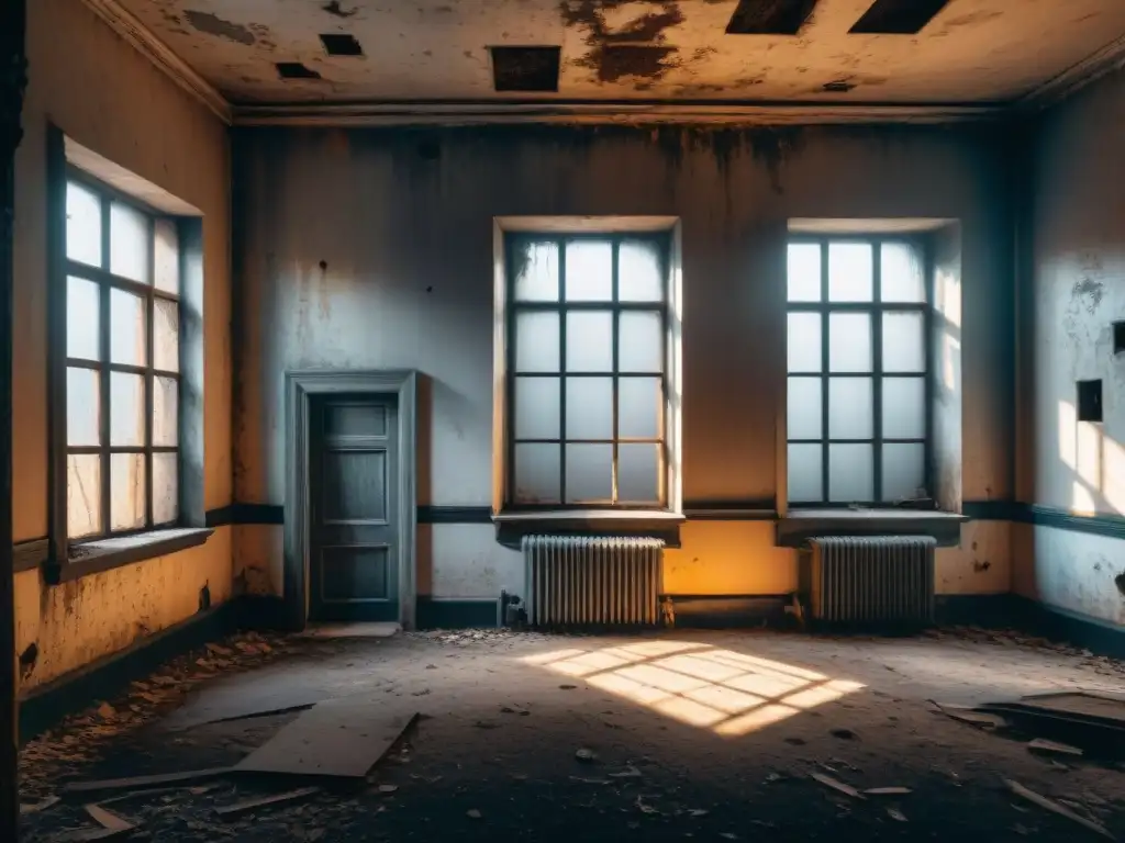 Escenario misterioso de un antiguo manicomio abandonado con camas oxidadas y sombras inquietantes