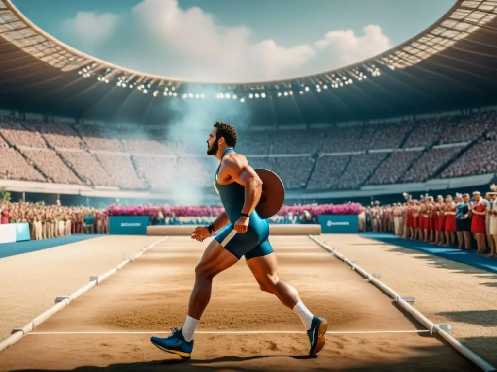 Escenas de los Escándalos Olímpicos en la antigüedad: atletas compitiendo en diferentes deportes en Olympia, con una multitud animada de espectadores