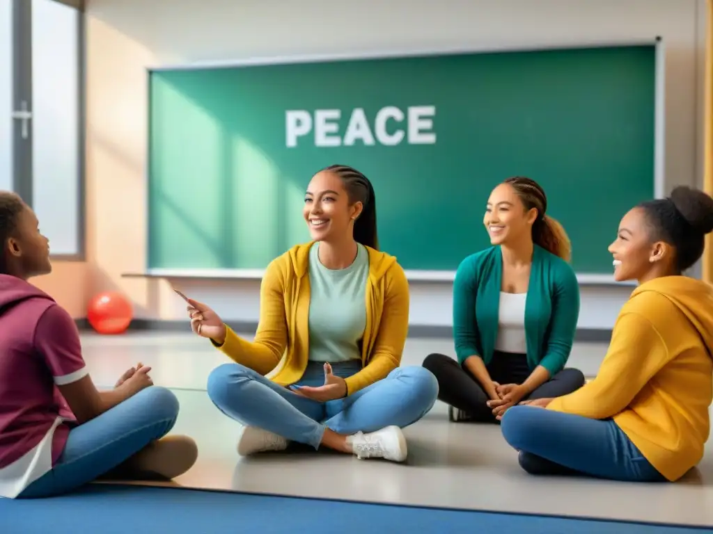 Sesión de mediación escolar con técnicas lúdicas en aula colorida, niños concentrados y empáticos, facilitador sonriente con bastón de diálogo