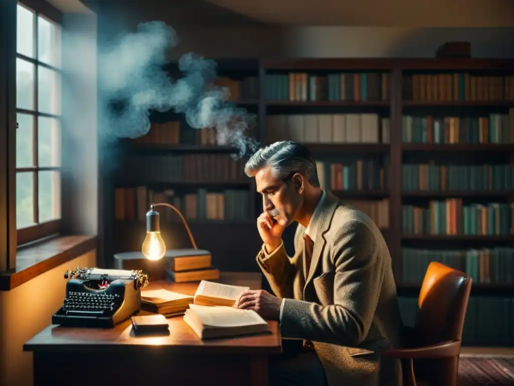 Un escritor reflexivo en su estudio, rodeado de libros y papeles, fumando y mirando a través de la ventana