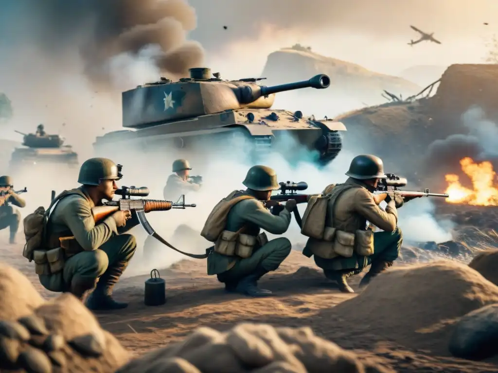 Batalla estratégica en Battlefield V: soldados en acción Un escuadrón de soldados en la Segunda Guerra Mundial, estratégicamente posicionados detrás de sacos de arena y ruinas, vigilando con cautela el campo de batalla humeante