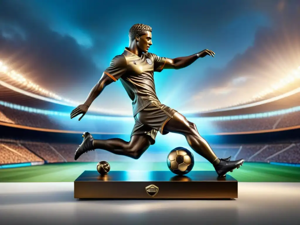 Escultura de bronce de un futbolista en pleno chute, reflejando la intensidad y agilidad del deporte en la escultura contemporánea