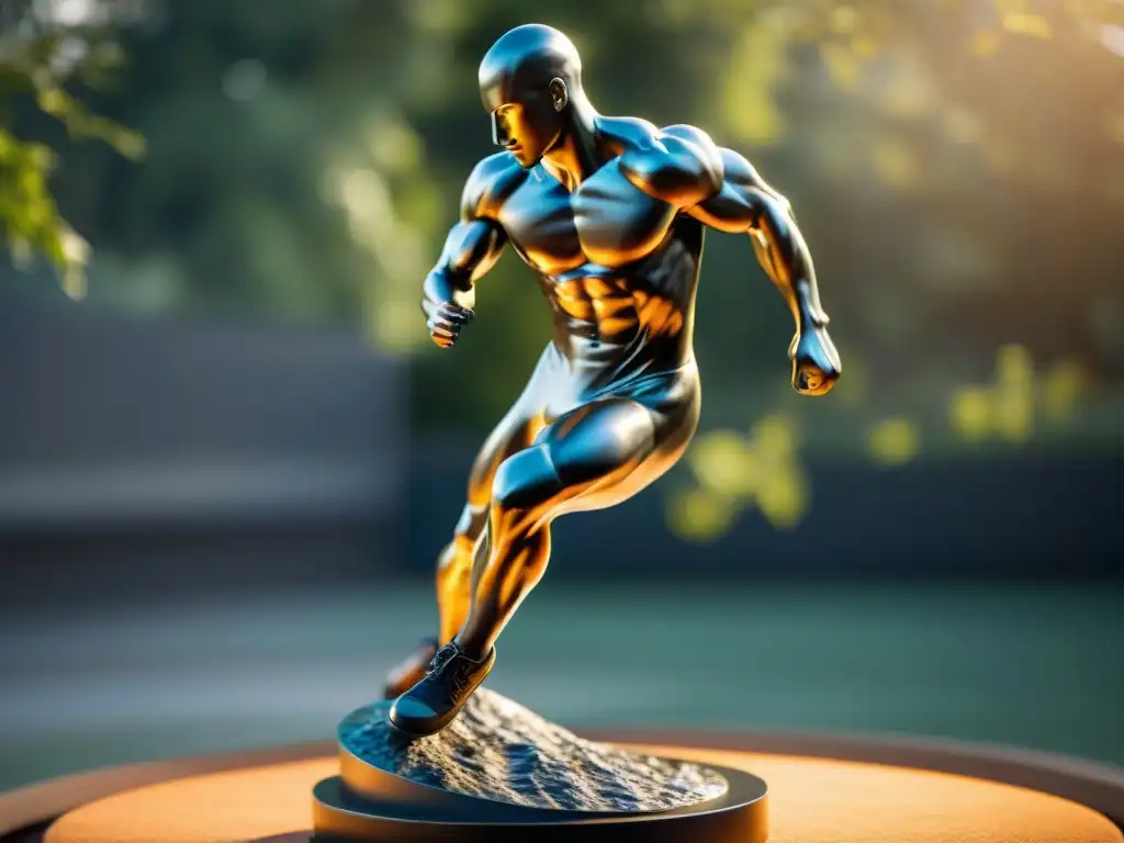 Escultura contemporánea de un atleta en pleno sprint, capturando la energía y dinamismo