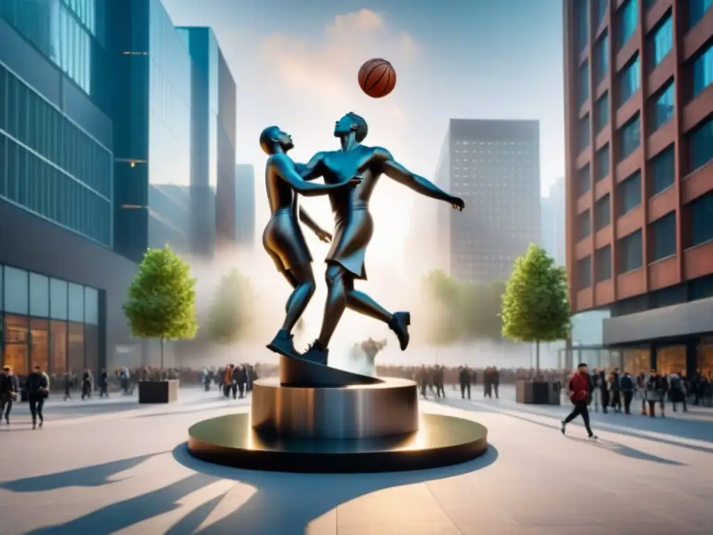 Escultura contemporánea de deporte en la plaza pública, fusionando arte y movimiento atlético