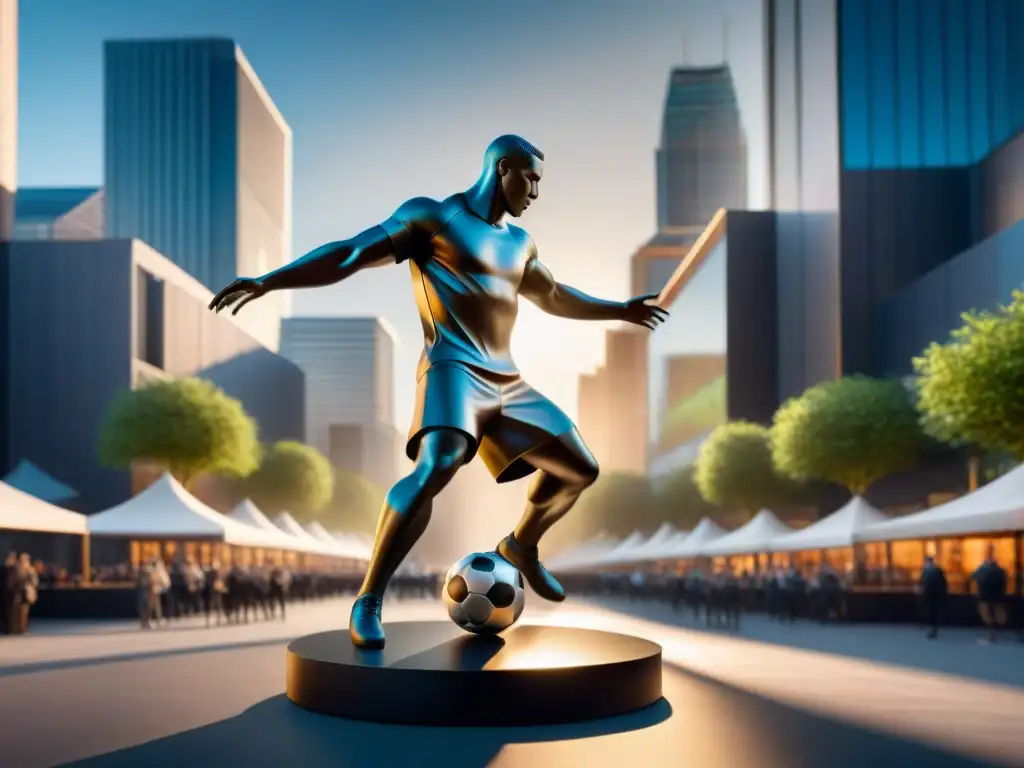 Escultura contemporánea de un jugador de fútbol en movimiento, admirada en una plaza de ciudad